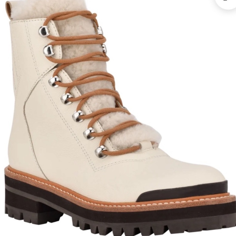 Marc Fisher Cream Shearling-Lined Lace-Up Ankle Boots with Tan Laces